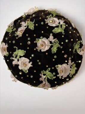 VTG YSL Chocolate Brown Beret Velvet Hat with Floral Motifs and Rhinestones 60's